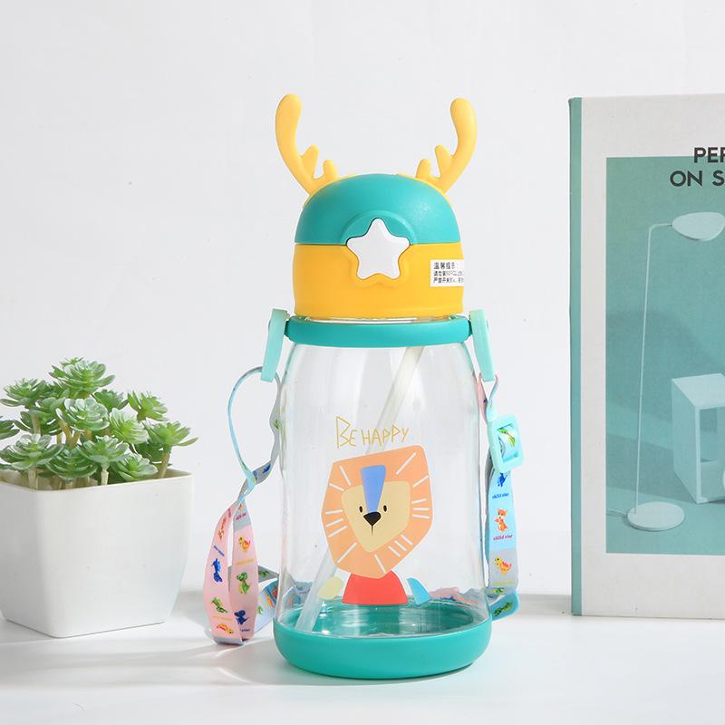 1pc 600ml Kids Water Sippy Cup Antler Creative Cartoon Baby Cups with Straws Leakproof Water Bottles Outdoor Childrens Cup