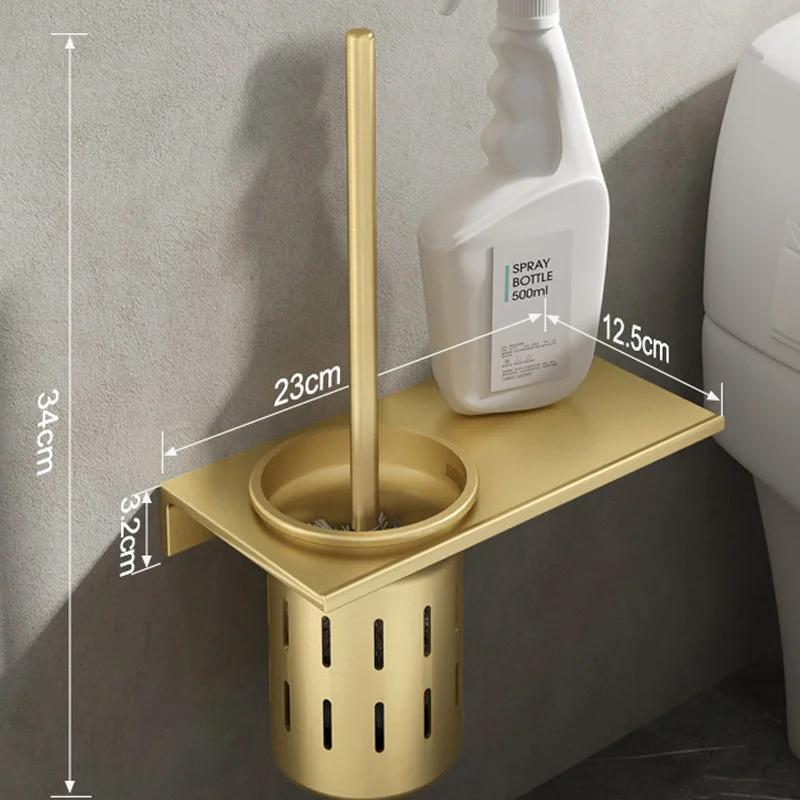 Toilet toilet brush set with no punching, bathroom wall mounted space aluminum brushed gold toilet brush holder cleaning brush