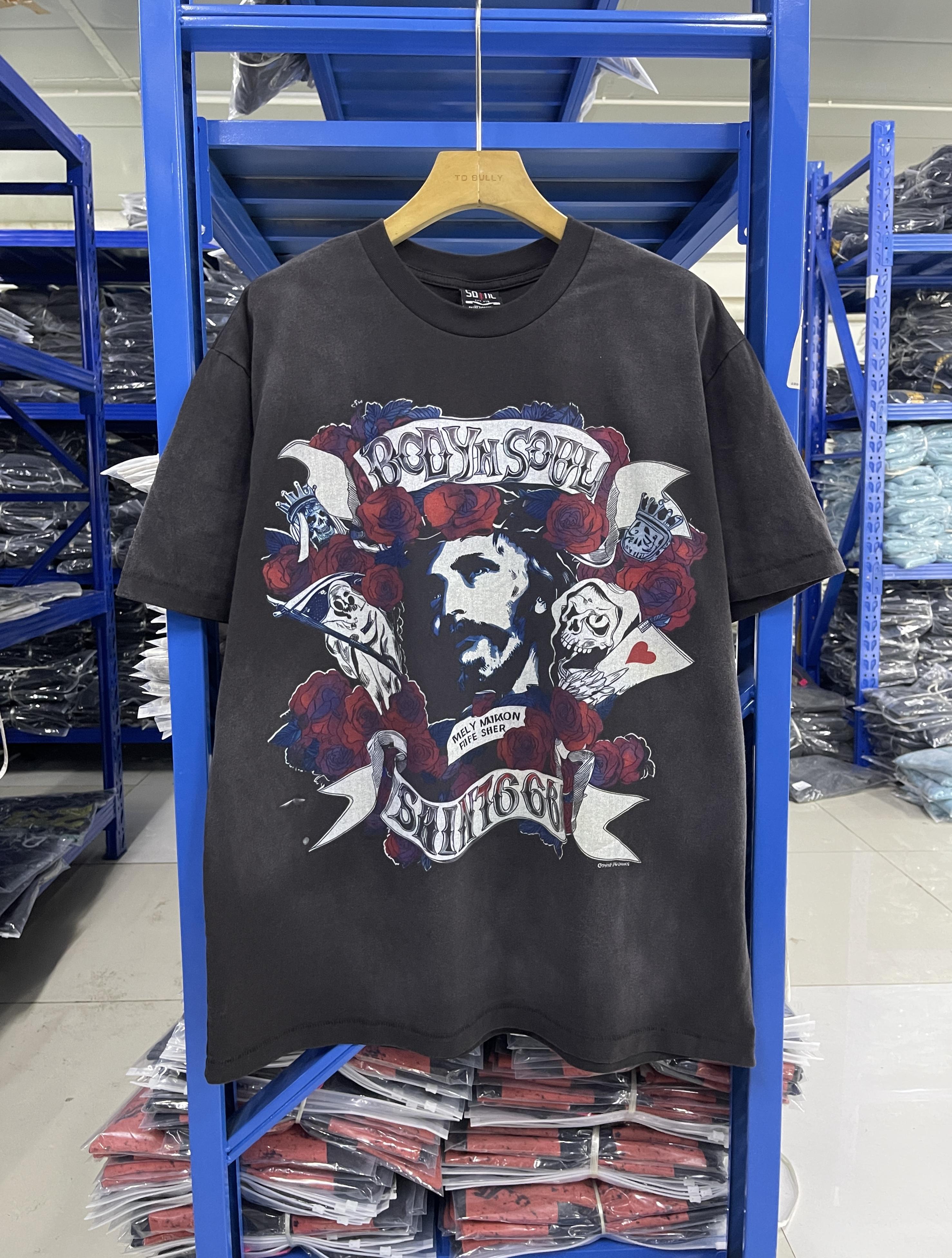 SS Summer Unisex Vintage Short Sleeve Roundneck Tshirt Saint Rose Flowers Print High Quality Oversize Tops Heavyweight Clothing S