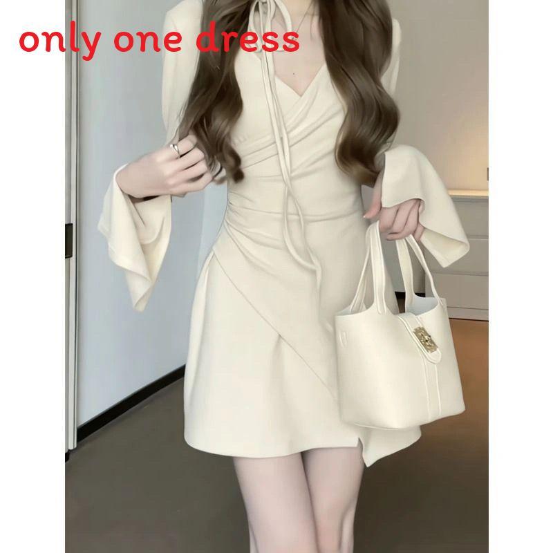 French V Neck Knit Dress With Long Sleeves For Casual And Travel Wear