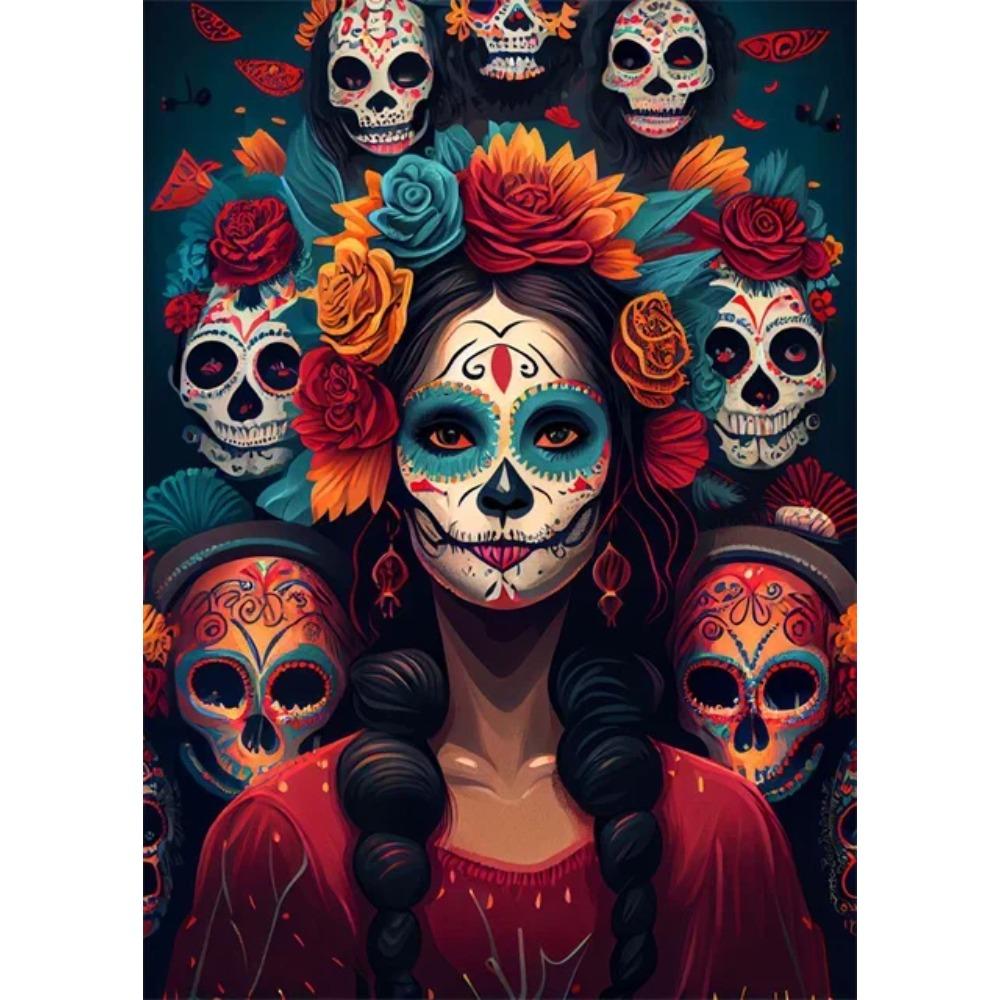 Festive and Mysterious Mexican Girl Day of Dead Gothic Sugar Skulls Canvas Painting Posters Prints Wall Art Picture Home Decor