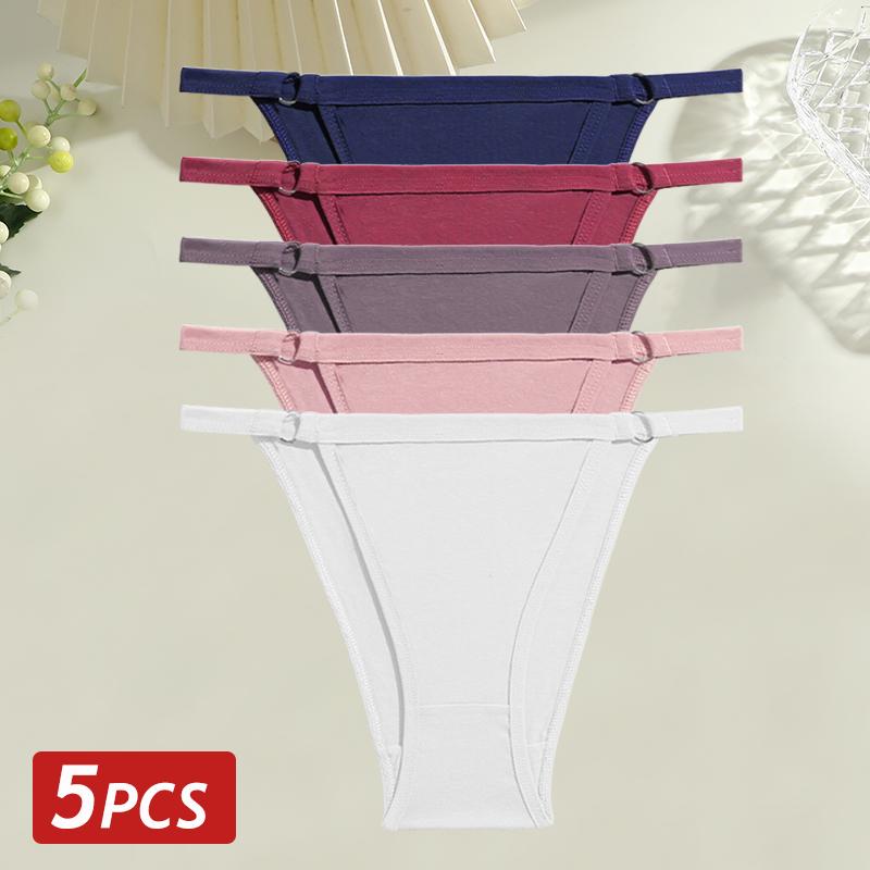 5PCS/Set Women Cotton Briefs Sexy Low Rise Panties Metal Ring Hollow Breathable Underwear Solid Color Comfortable Lingerie M-2XL