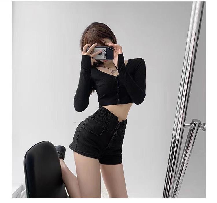 Women's Light Blue High-Waist A-Line Denim Shorts: 2025 Korean Summer Style, Elastic Waist, Casual Black Wide-Leg Design