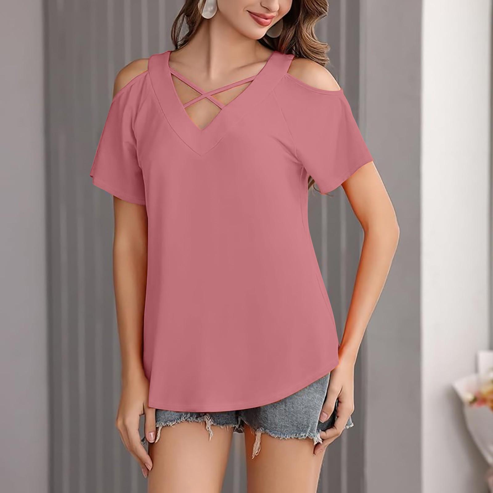 

Женская однотонная повседневная футболка с открытыми плечами, V-образным вырезом и короткими рукавами XL розовый