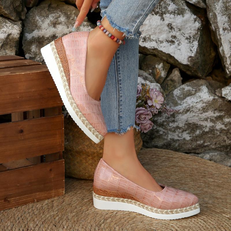 Casual Wedge Heel Pumps Women 2025 Summer Pointed Toe Medium Heel Non Slip Loafer Pumps Comfortable Soft Hemp Sole Shoes Women