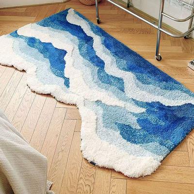 Alfombra Ondas Nórdica Antideslizante Flocada Manta de Cabecera, Azul Sala de Estar/Dormitorio Felpudo