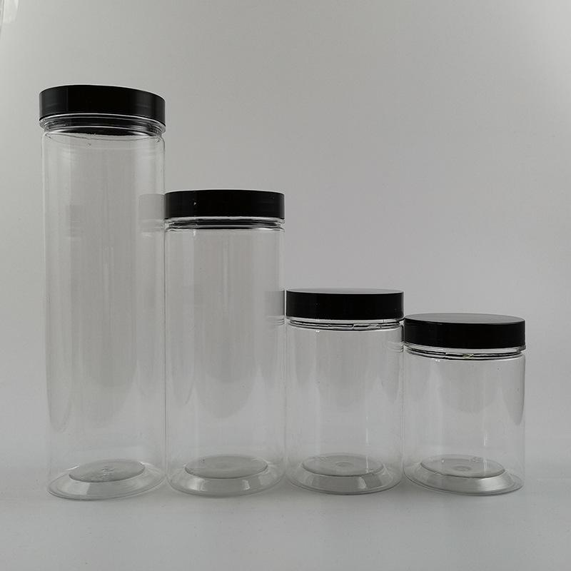 Black Lid Wide Mouth PET Food Jar for Snacks, Nuts, Grains, and Honey.
