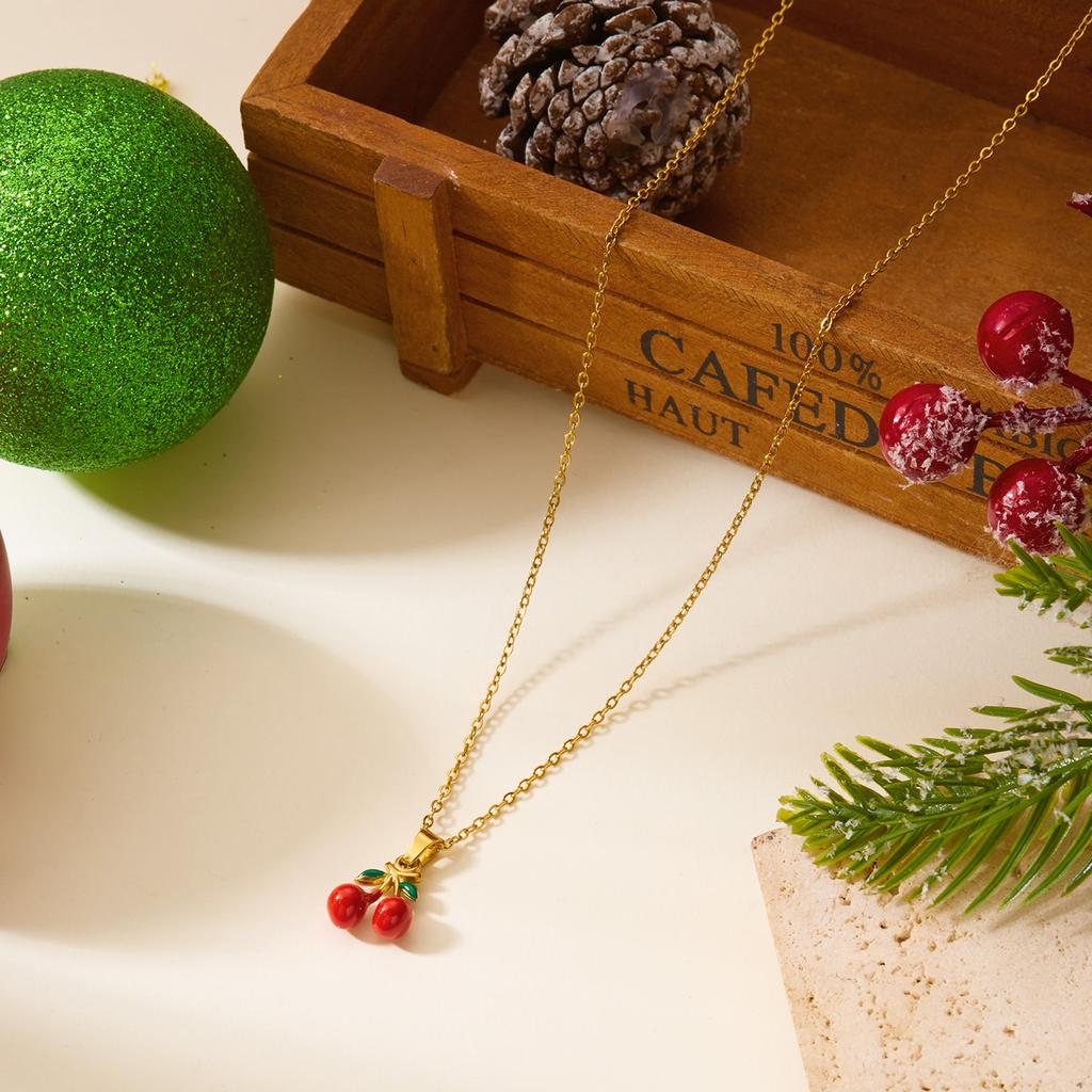 Retro Gold Color Stainless Steel Cherry Necklace for Women Charm Red Enamel Strawberry Necklace Trendy Waterproof Jewelry Gift