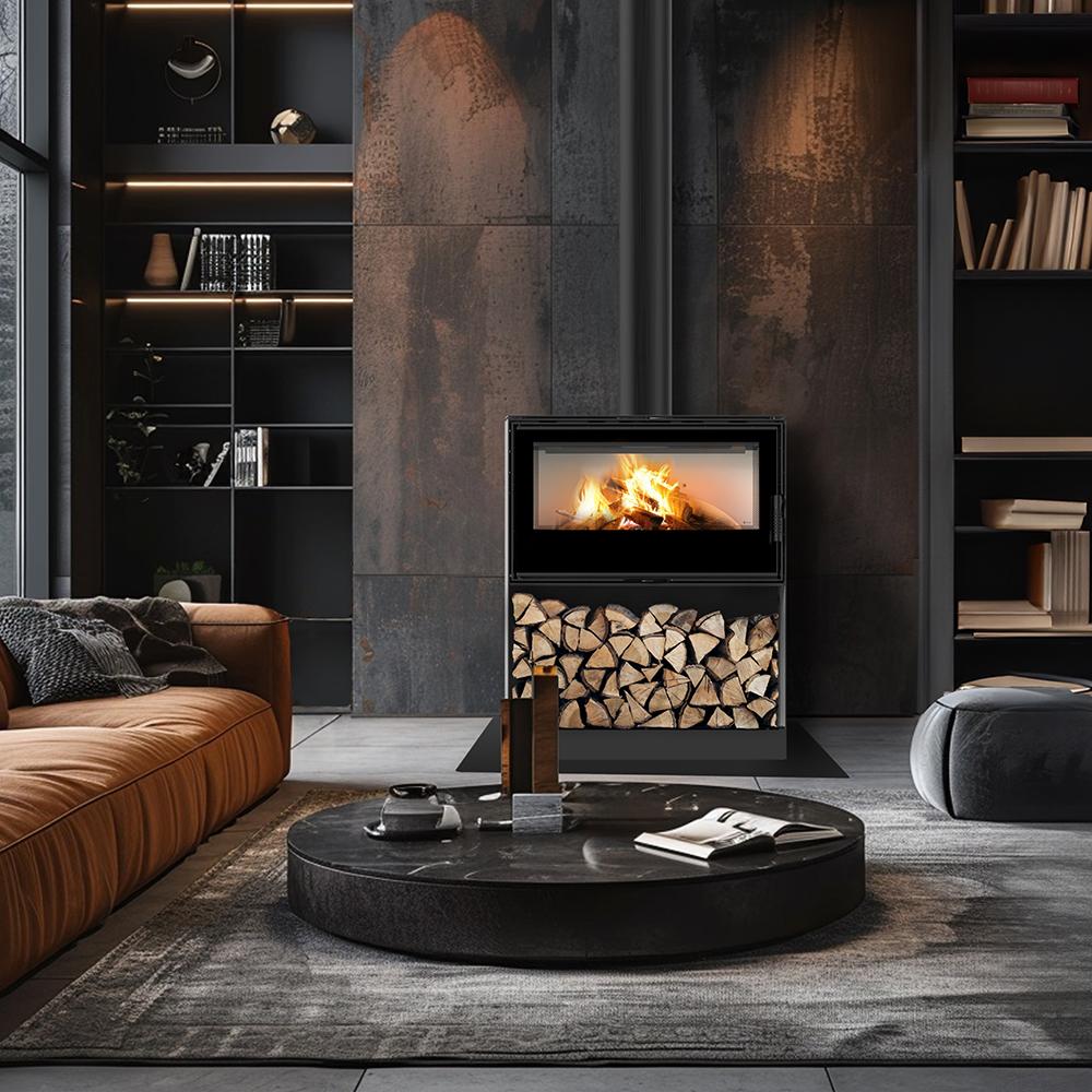 Wood burning steel stove KRATKI KARI 95 Ø 180 14 kW recess for wood self closing door