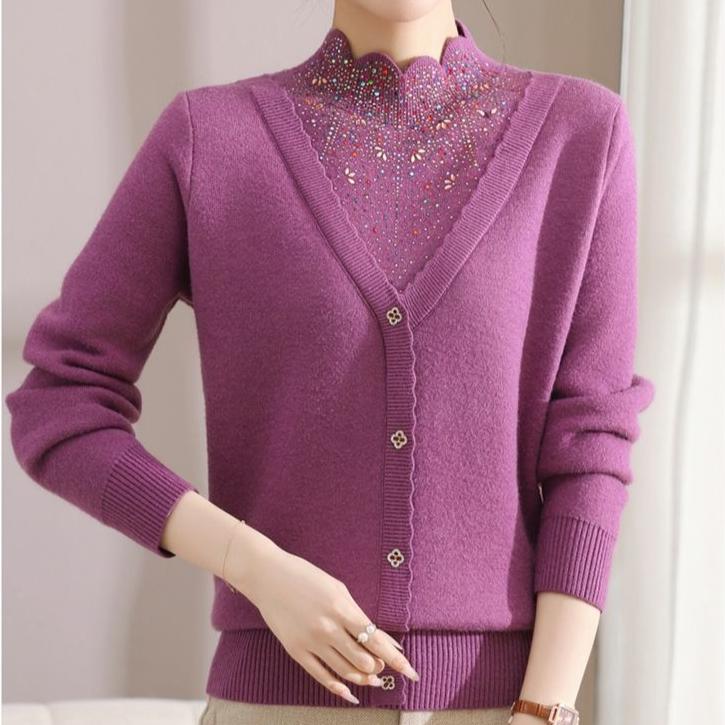 Women's Fleece Sweater Thick Loose Fake Two-Piece Knitted Pullover Sweater Rhinestone Soft Warm Flocked Knit Top Autumn Winter