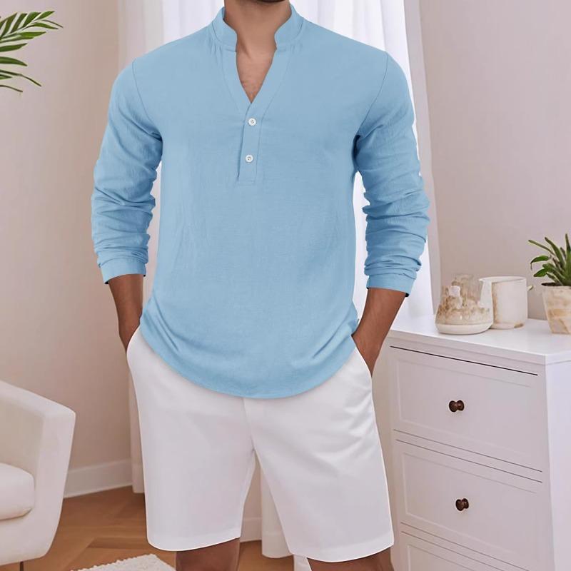 Men S Linen Blend Solid Color Long Sleeve Stand Collar Casual Shirt