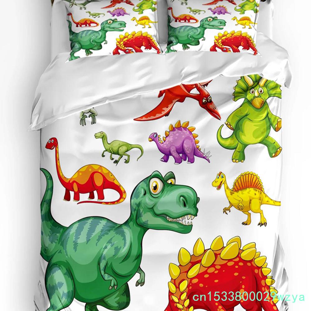 Barevný kreslený dinosaurus Modrý 3dílná sada povlečení do ložnice na manželskou postel Domácí textil Povlak na přikrývku Povlak na přikrývku Povlak na polštář