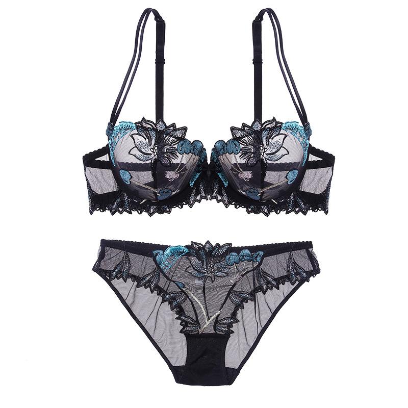 European and American Sexy Lingerie Transparent Mesh Embroidered Bra Set
