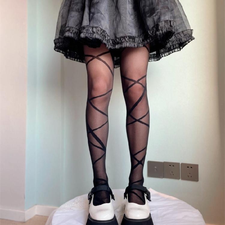 Women Japanese Style Silky Pantyhose Irregular Crossed Straps Patterned Tights