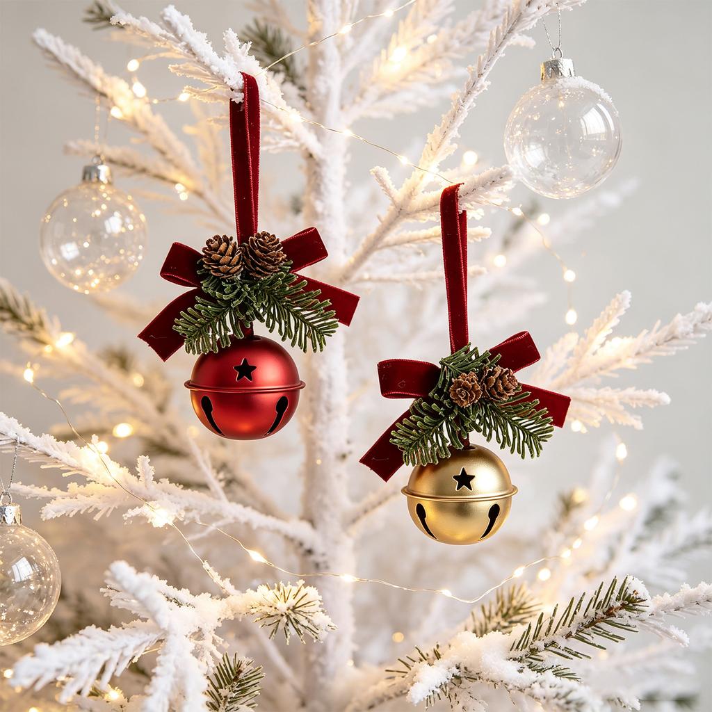 Small Christmas Tree Hanging Ornaments with Velvet, Bell and Pinecone for Holiday Scene Decor