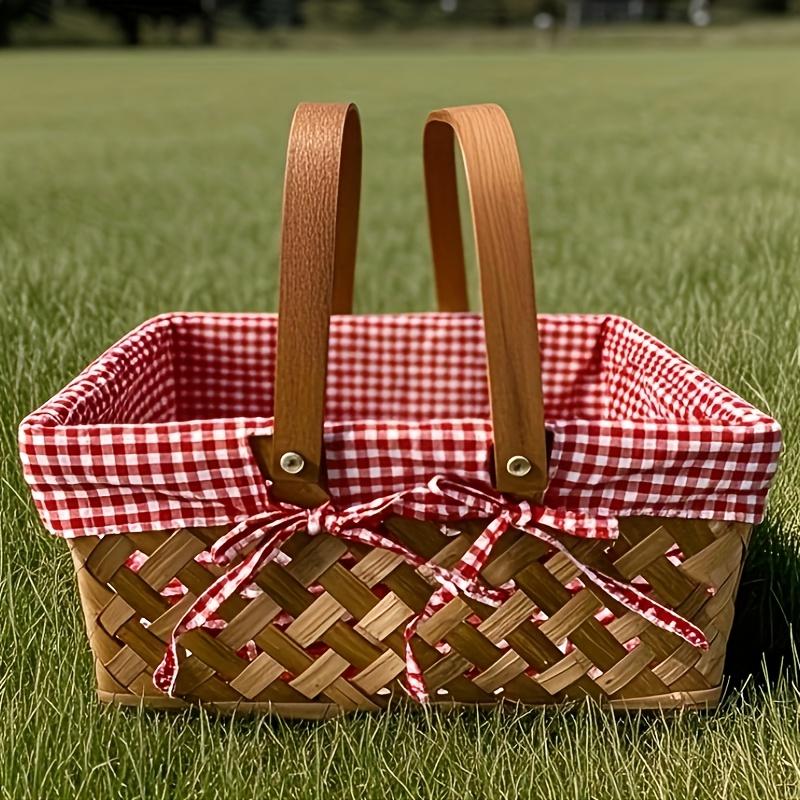 1pc Handwoven Basket - Multi-Purpose Rectangular Storage with Red-White Checkered Lining & Sturdy Frame, Durable Fabric
