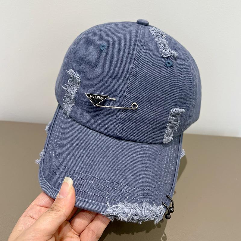 Fashion Washed Polished Hole Soft Top Baseball Cap Children Metal Pin Trendy Big Head Circumference Peaked Cap Men