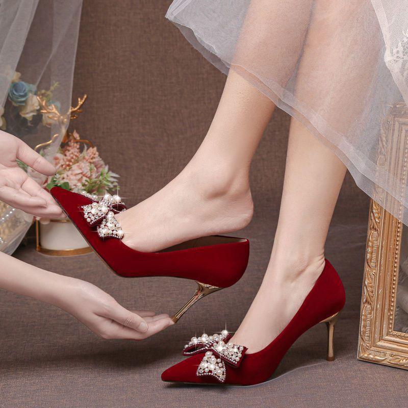 Wedding Shoes Women's Bow High Heel Bride Shoes Red Show Clothes Wedding Dress Dual-purpose Wedding Shoes Toasting Not Tired Feet Single Shoes