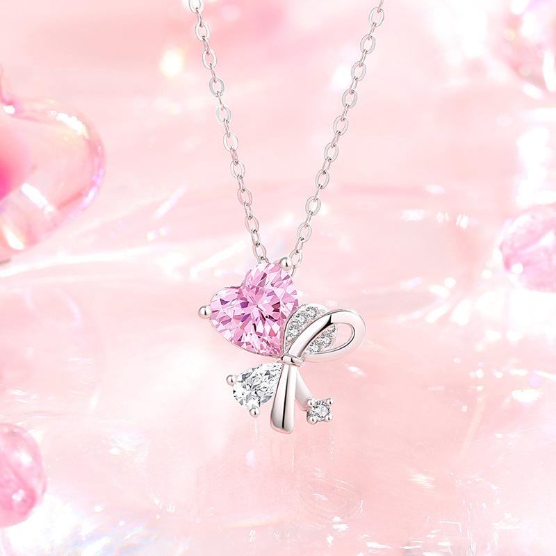 925 Sterling Silver Love Bow Necklace Female Korean Version Heart-shaped Pink Zircon Collarbone Chain Light Luxury High-end Pendant