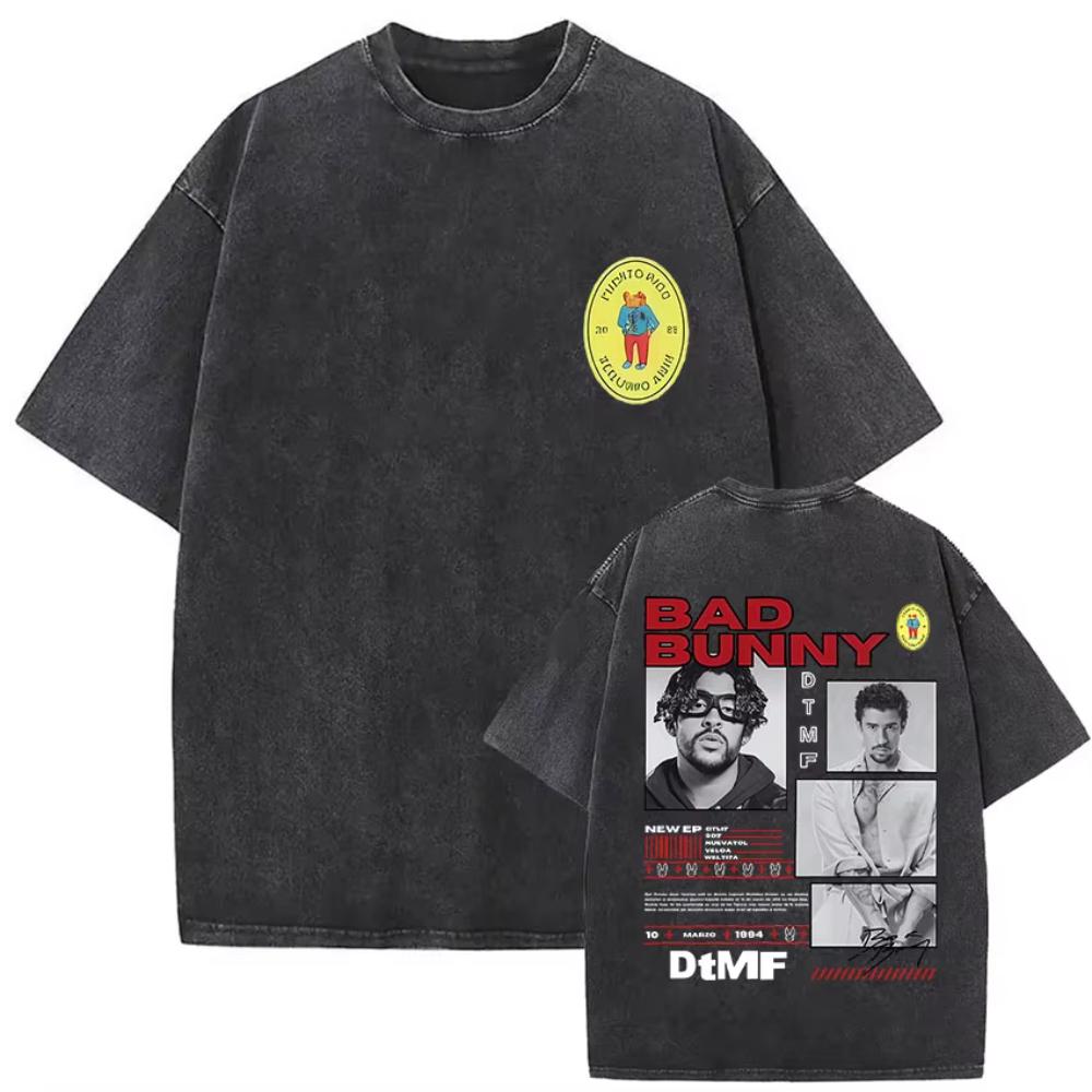 s Vintage Washed Bad Bunny Album T Shirt Mens Gothic Hip Hop Short Sleeve Tshirts Pop Fashion Casual Tshirt Streetwear
