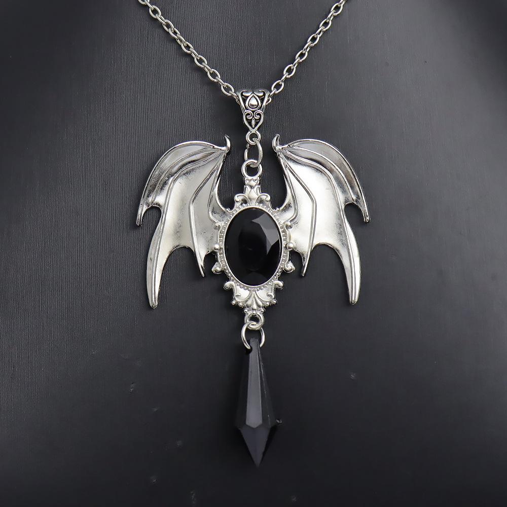 Victorian Gothic Ruby Crystal Necklace with Bat Wings