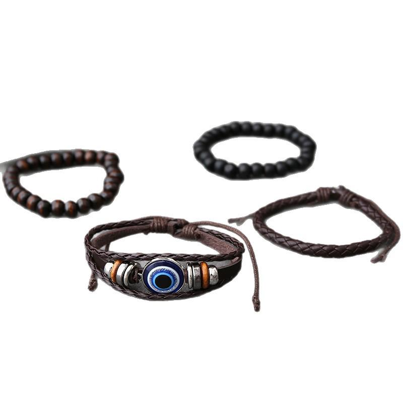Vintage Pánská 4dílná sada náramků z hovězí kůže a konopného provazu