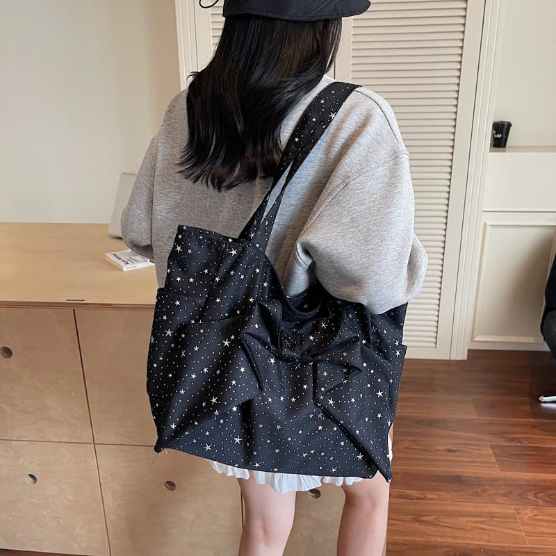Street Style Canvas Tote Bag For Women With Large Capacity And Bow Design Star Pattern For Daily Use