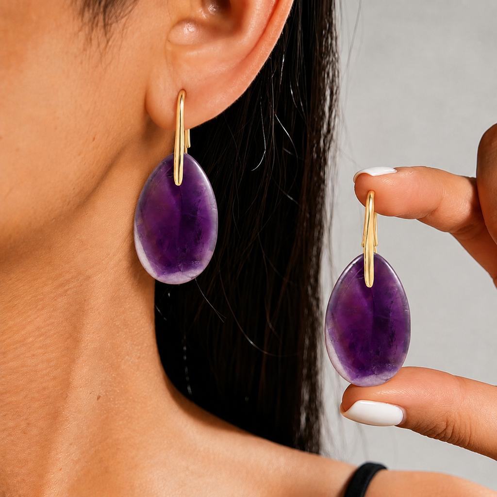 Women Natural Gem Water Drop Earrings European Popular Amethyst Lapis Lazuli Elegant Fashion Ear Accessory
