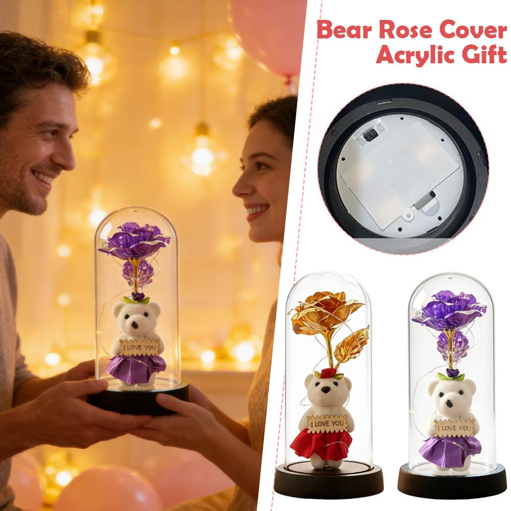 Eternal Gold Foil Rose Bear With Acrylic Cover Colorful Creative Golden Gift Valentine's Decoration Day Bouquet Ornament P5M7
