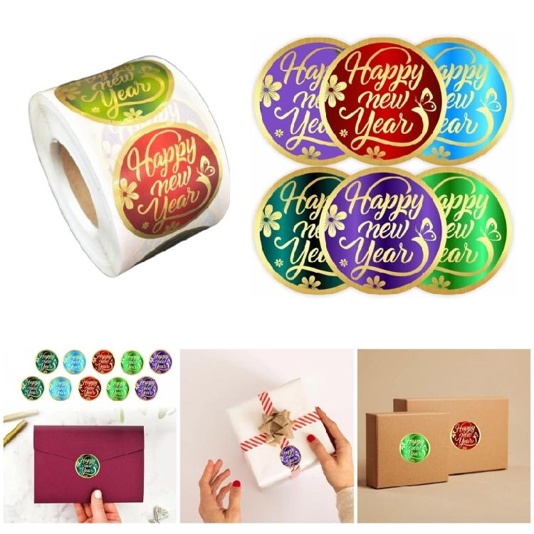 Round Labels Sticker Happy New Year Sticker Round Gold Foil Stamping Labels Self-Adhesive Sticker Labels