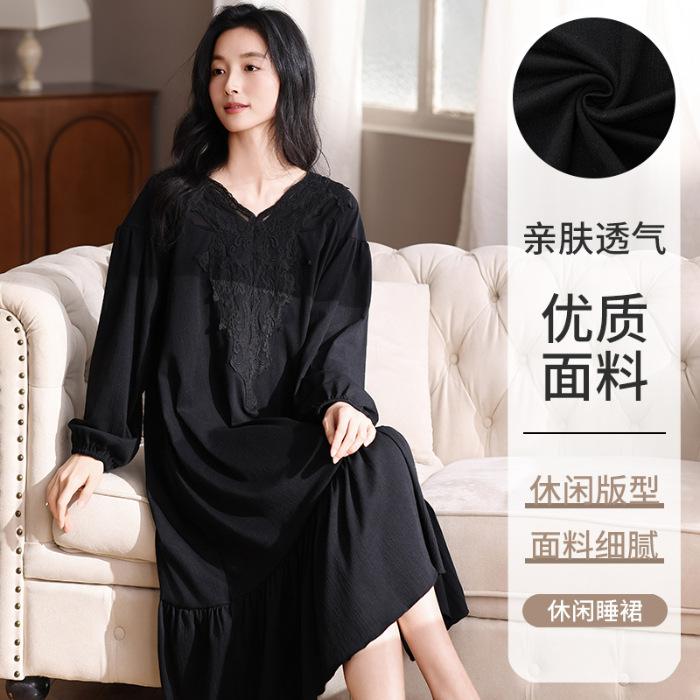 A single drive DNU imitation cotton crepe pajama women's spring and autumn long-sleeved lace dress women's home