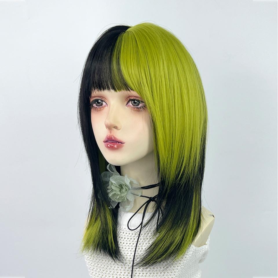 Synthetic Short Straight Hair Black Dirty Orange Bangs Highlight Dyed Wigs Lolita Cosplay Hair Wig For Women Y2K Daily Color Pun