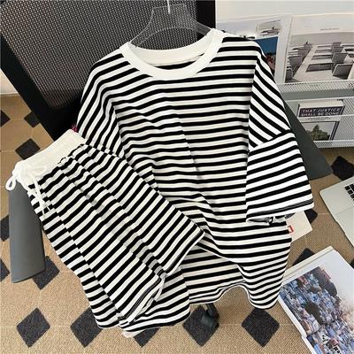 Striped Short Sleeve Women 2Pcs Tracksuit Set Summer Casual Loose Sports Suit T Shirt Shorts Set