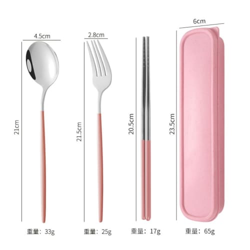 Stainless steel 3-piece cutlery set featuring chopsticks, fork, and spoon, with case. Portable and hygienic, perfect for students and adults, perfect