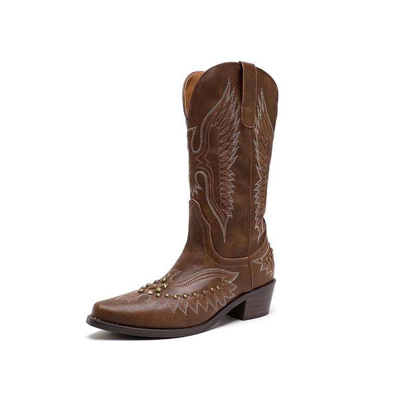 

Клепаные ковбойские сапоги в западном стиле женские летние винтажные с вышивкой V-образный вырез острый носок коричневые сапоги толстый каблук 42 коричневый