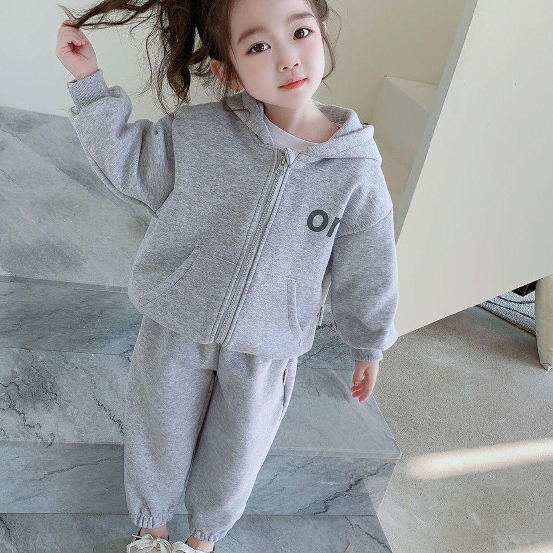 

2025 Girls Grey Hooded Cotton Sweatshirt & Sweatpants Set - Spring/Fall Fashion For height 80-90cm