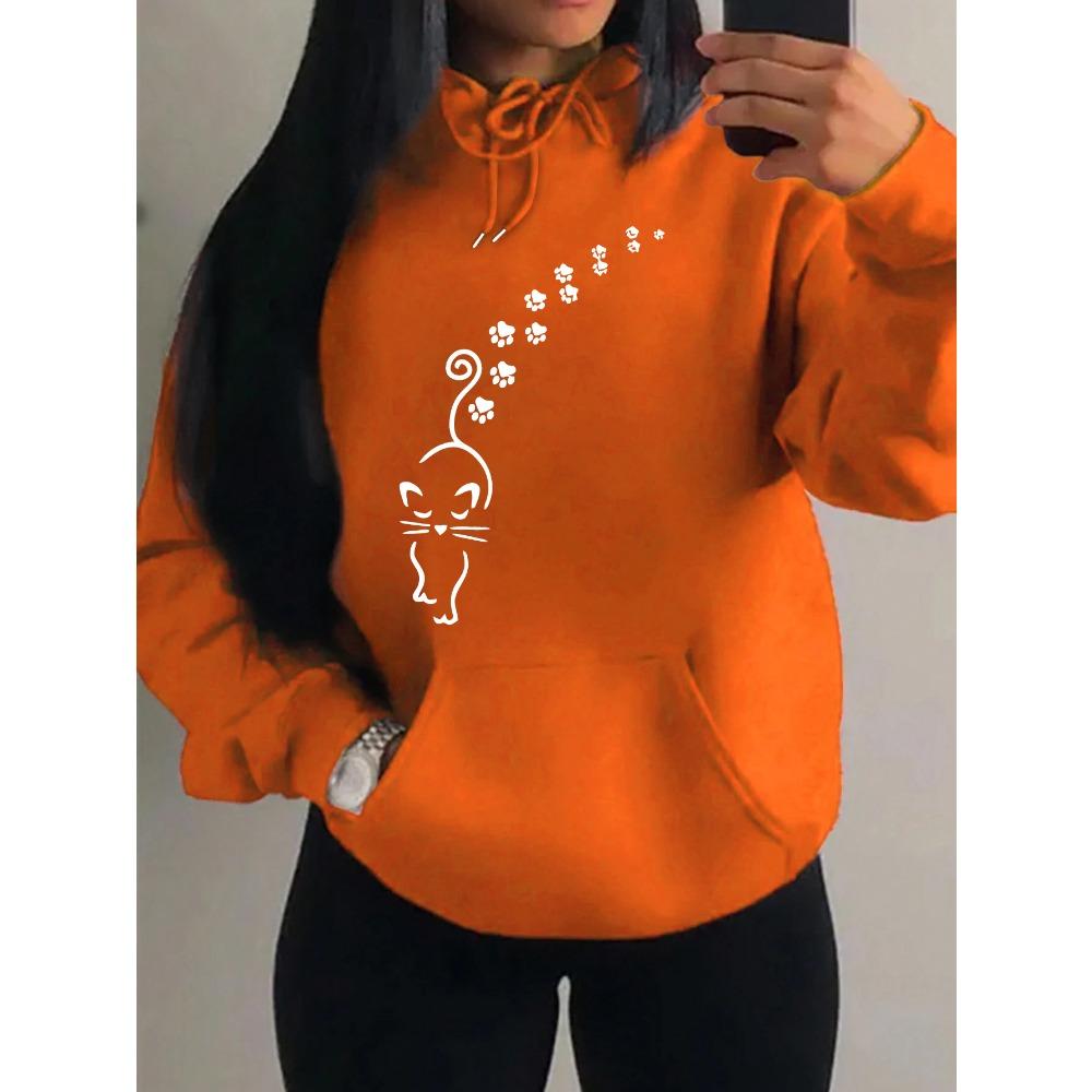 Cats And Footprints Creative Design Female Sweatshirt Hip Hop Pocket Hoodies Creativity Warm Pullover Street Style Fleece
