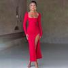 Sexy Square Neck Long Sleeve Bodycon Dress with Slit and Tie-up Design