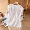 Women Summer Round Neck Three Quarter Sleeve Geometric Embroidery Casual Blouse