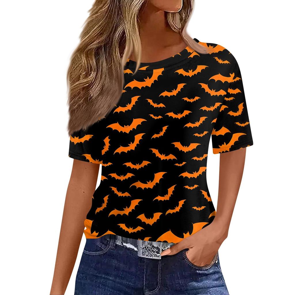 Modisches Lässiges Damen-Pullover-Oberteil mit Kurzarm und Halloween-Print, Rundhals