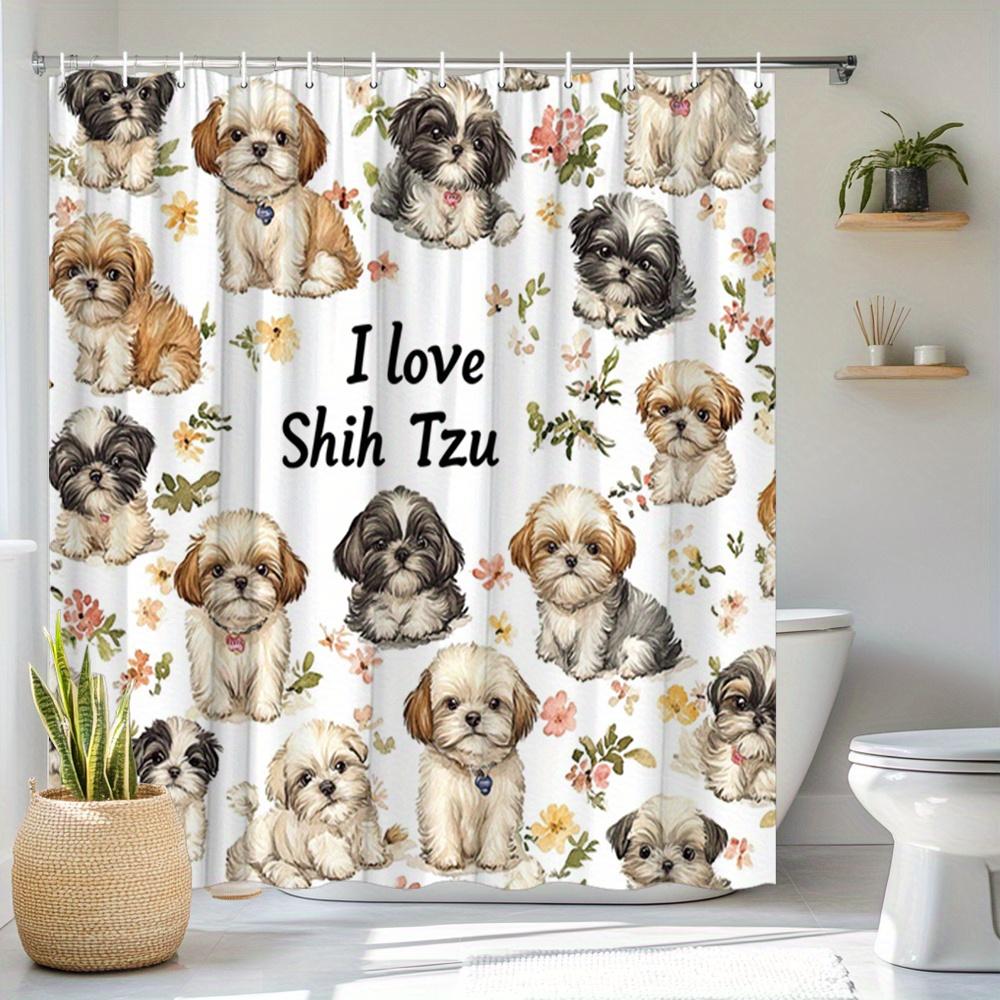 Shih Tzu Puppies Shower Curtain Cute Dog Flowers I Love Shih Tzu Polyester Bathroom Washable with Hooks 90x180