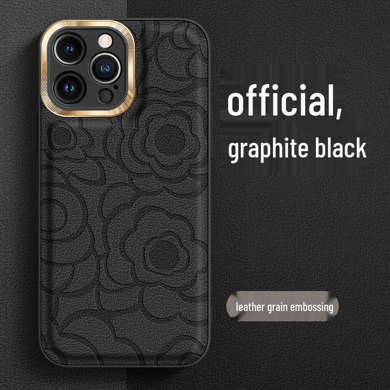 Apple 17 Pro Max Camellia Leather Texture Phone Case with Metal Lens for Full Coverage iPhone 16/15 Protection