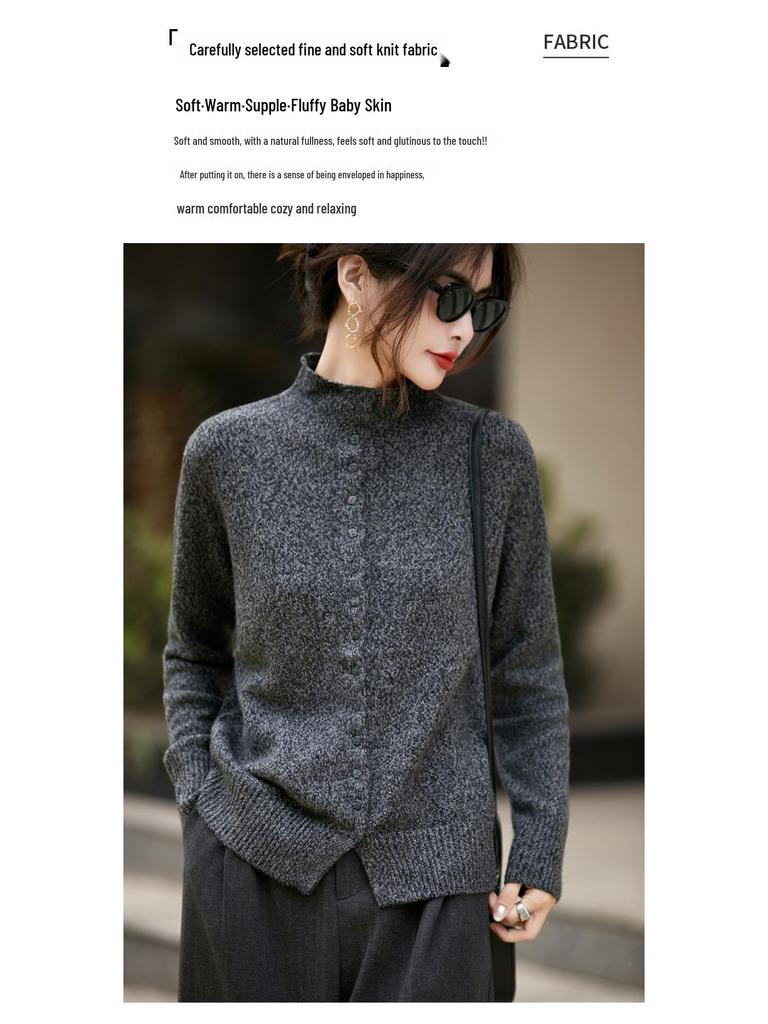 Women's Flecked Knit Stand-up Collar Cardigan - Autumn/Winter Long Sleeve Sweater Coat