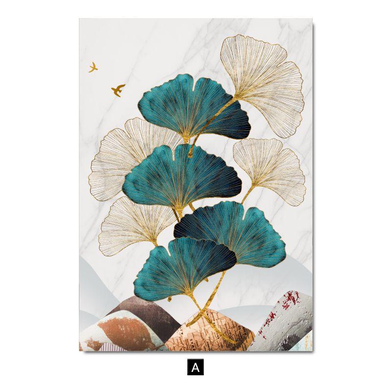 Golden Blue Leaves Bird Deer Poster Canvas Painting for Living Room Picture Home Decor Nordic Marble Abstract Wall Art Print