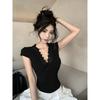 Kumikumi Sweet Gyaru Style Lace Stitching V-neck Short sleeve T-shirt Women Summer Slim fit Slimming Gray All-Match Top