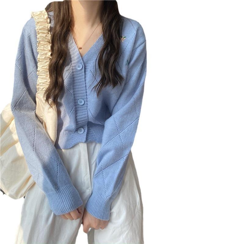 Cardigan Tricoté Brodé de Petites Fleurs pour Femmes Printemps et Automne Nouveau Haut Col en V Version Coréenne