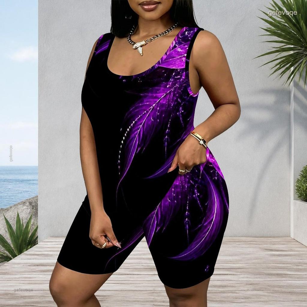 Women Plus Size Blue Black Abstract Printed Scoop Neck Sleeveless Tank Top Fitted Shorts Two Piece Set