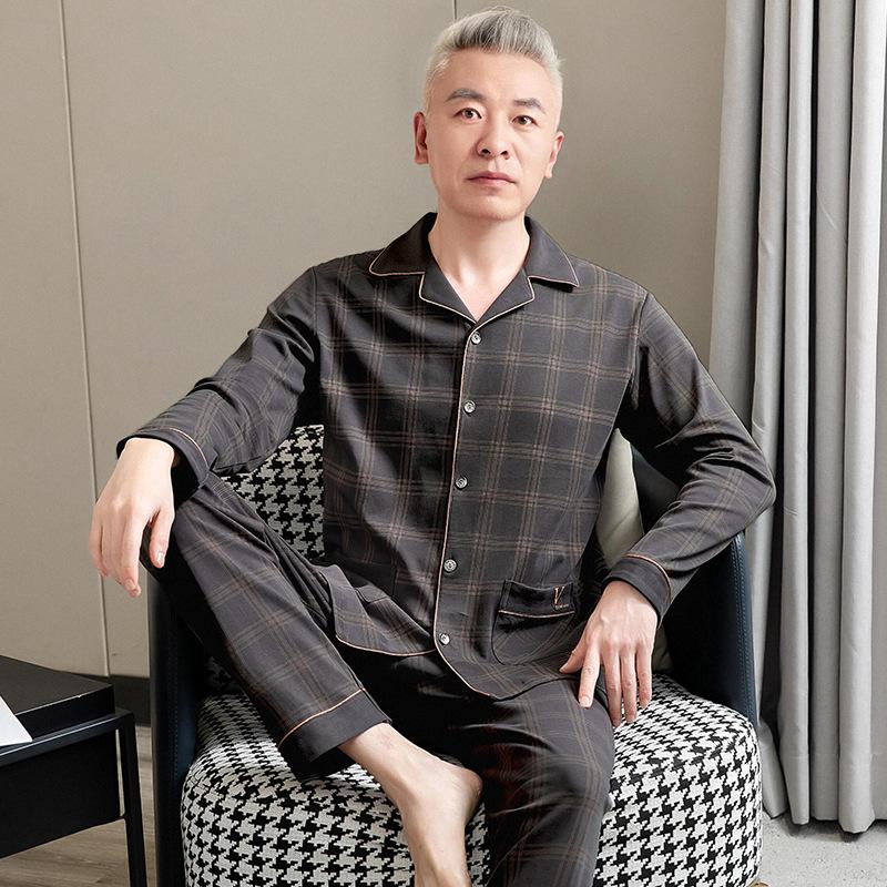 Men's pure cotton pajamas Dad's long-sleeved loungewear for the elderly Men's spring, autumn and winter red natal year suit