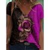 Stylish  Rose 3D Print V Neck T-shirt - Women's Casual Short Sleeve Medium Stretch T-Shirts
