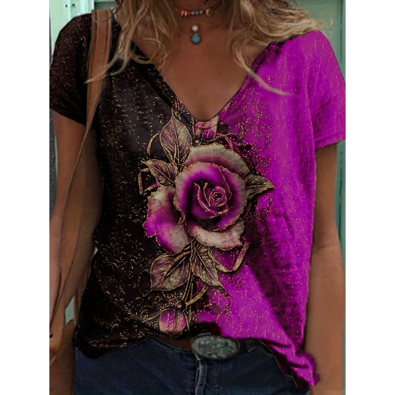 Stylish Rose 3D Print V Neck T-shirt - Women's Casual Short Sleeve Medium Stretch T-Shirts